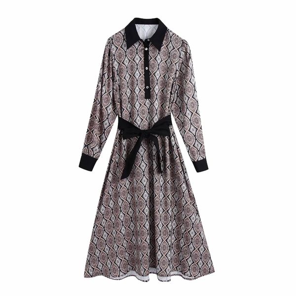

women contrast color turndown collar sashes printed midi dress vintage female long sleeve clothes casual lady vestido d6871 210430, Black;gray