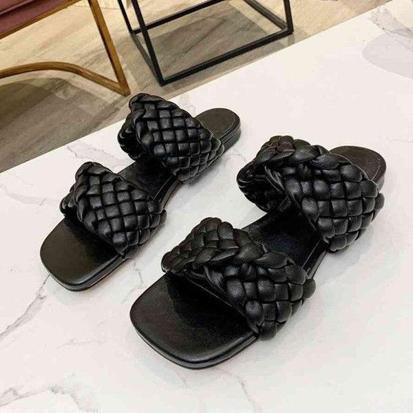 

sandals flat sole braid slippers woman comfortable round toe slip-on lazy leather summer vacation beach shoes female, Black