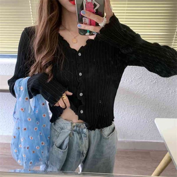 

women v-neck knitted casual ruched short sweaters cardigans lady knitting soft thin summer cardigan outwear for female 210607, White