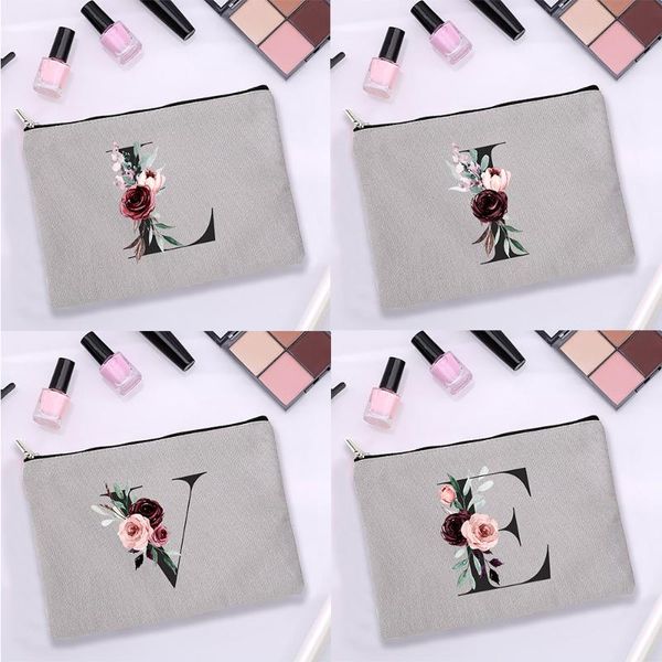 

cosmetic bags & cases alphabet a-z rose flowers women canvas gray casual makeup pouch fashion harajuku lipstick reusable handbag