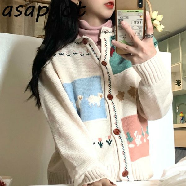 2style Japão Solto Retalhamento bonito dos desenhos animados animais carneiros coelho jacquard de malha cardigan camisola de manga longa jaqueta de malhas 210429