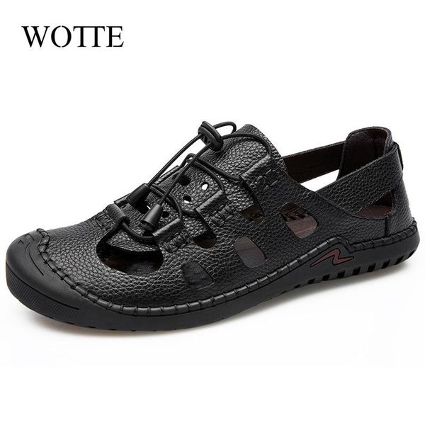 

sandals wotte summer men leather beach outdoor comfortable soft footwear rubber shoes sandalias hombre, Black
