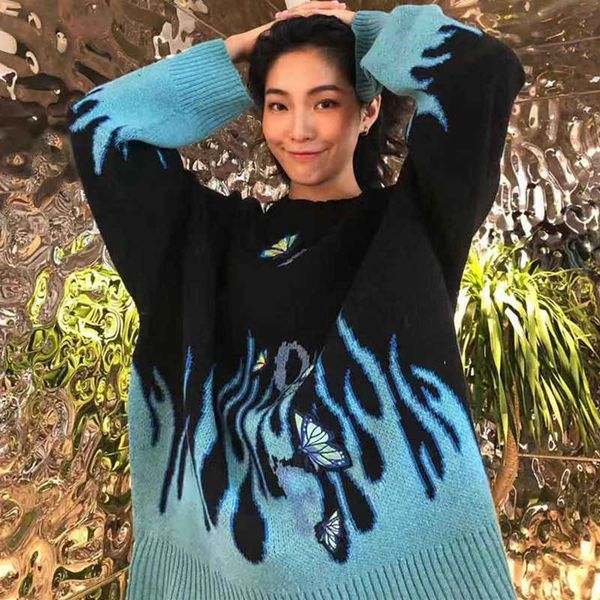 

women's sweaters butterfly flame women autumn winter harajuku lazy wind jacquard knitted oversized pullover ladies jumpers av, White;black