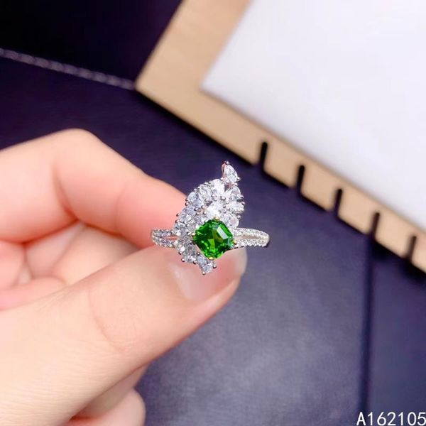 

cluster rings 925 pure silver chinese style natural diopside women's luxury elegant plant square adjustable gem ring fine jewelry suppo, Golden;silver