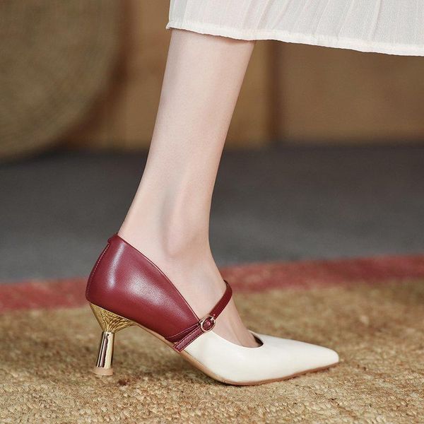 

dress shoes 2021 spring/summer career women retro pointed toe flock&pu buckle strap 6.5cm high heels ladies office female work pumps, Black