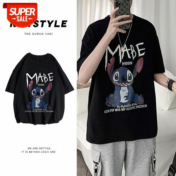 

hong kong style stitch print t-shirt men's short sleeve loose fat large size flow half #go0k, White;black