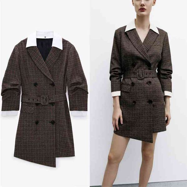 

vintage plaid patchwork blazer dress women long sleeve double breasted office es woman chic belted spring 210524, Black;gray
