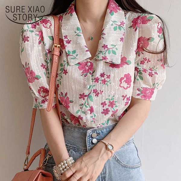 

summer korean floral blouses lapel short sleeve embroidered shirt blusas button up shirt harajuku mujer 13793 210528, White