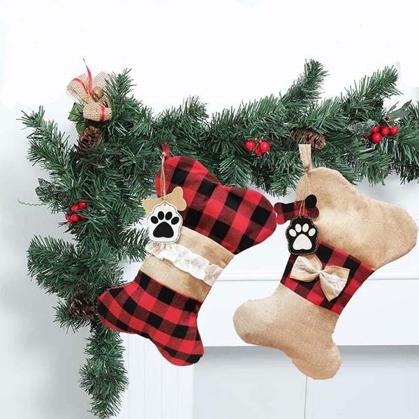 

pet dog christmas stockings set of 4 plaid large bone shape hanging pets stocking for dogs xmas decorations pendant dhl ship 10