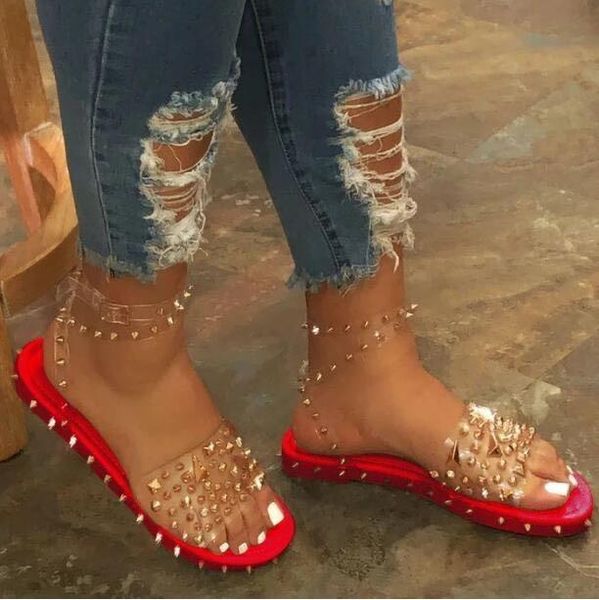 

slippers snake pattern graffiti rivet rhinestone outdoor beach flat durable women 2021 spring/summer sandals pvc rivets 43, Black