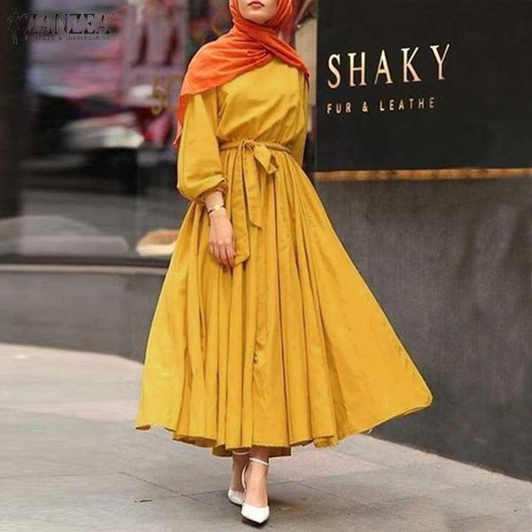 

casual dresses zanzea 2021 elegant puff sleeve maxi dress women's sundress autumn solid vestidos female o neck robe belted plus size 5x, Black;gray