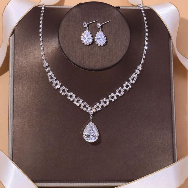 

earrings & necklace fashionable temperament bridal rhinestone set chain wedding accessories water drop party banquet, Silver