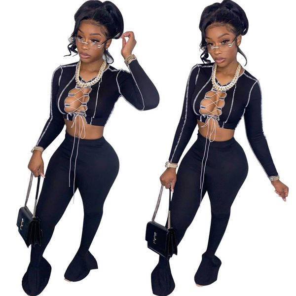 

lace up hollow striped 2 piece long pants outfits full sleeve stretchy crop sporty flare legging matching sets streetwear clothing, White