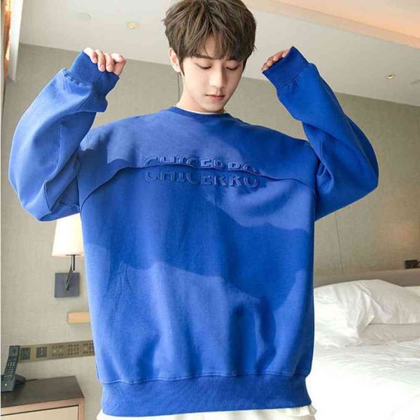 

blue sweater letter round neck sweater men's long sleeve blouse, Black