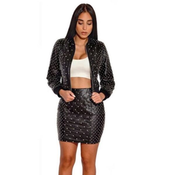 

pants women winter long sleeve studded diamonds black leather two pieces 2021 celebrity designer fashion women's set, White