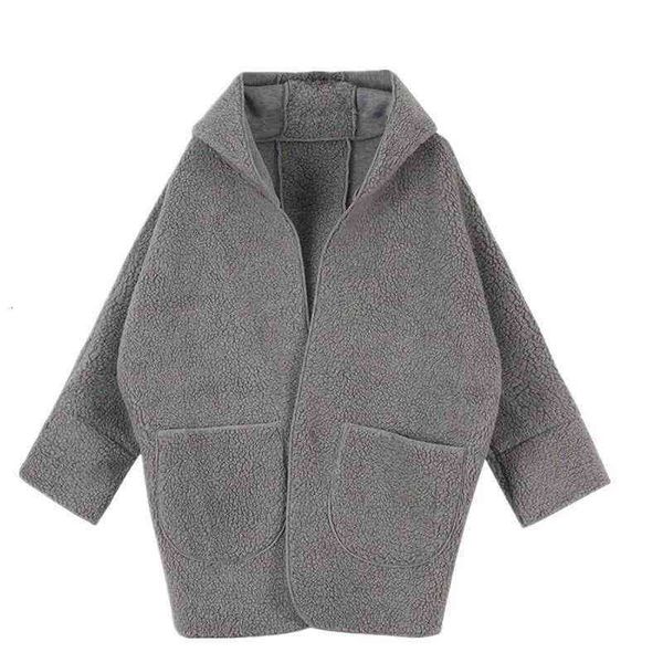 

lamb wool hooded tweed coat large women's medium long lazy fat mm thickened, Black