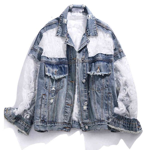 

jacket lace splice denim women korean student frayed jeans jacket female spring loose washed blue outerwear chaqueta mujer, Black;brown
