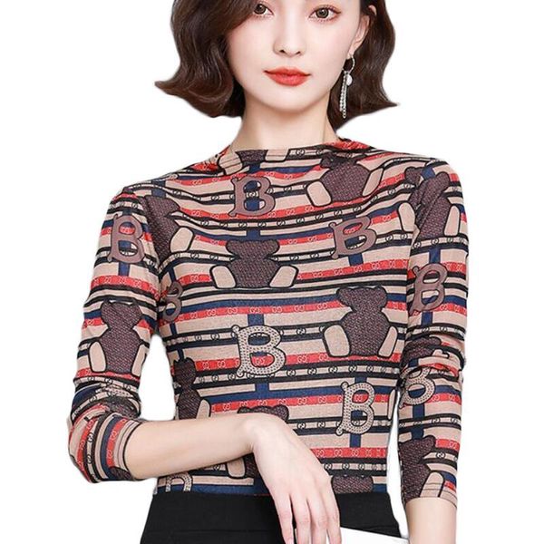 

women blouses long sleeve stand collar blouse shirts vintage cartoon striped print plus size 4xl camisas mujer women's &, White