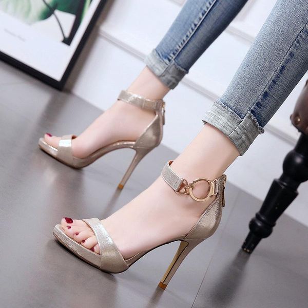 

dress shoes fashion word buckle open toe stiletto sandals waterproof thick-soled gold high heels women's 2021 summer style, Black
