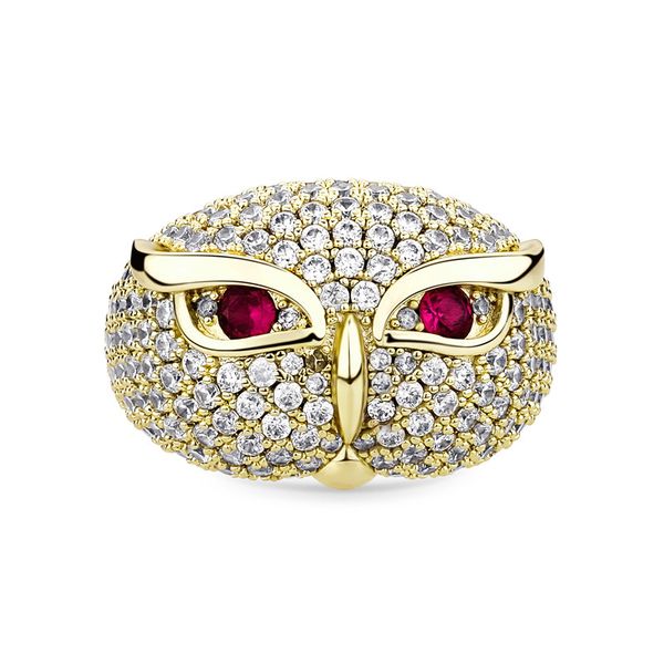 

18k gold plated animal owl rings side stones solid copper ring with red zircon iced out cubic zirconia hip hop personality jewelry for men w, Silver