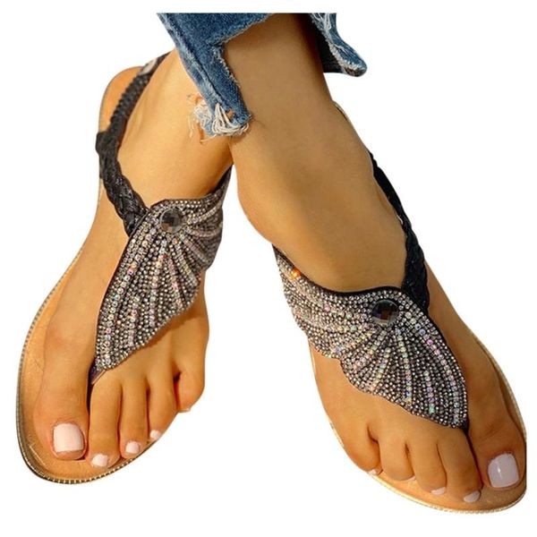 

crystal butterfly flip flops summer women's sandals female casual shoes elastic strap open toe ladies flats sandalias de mujer, Black