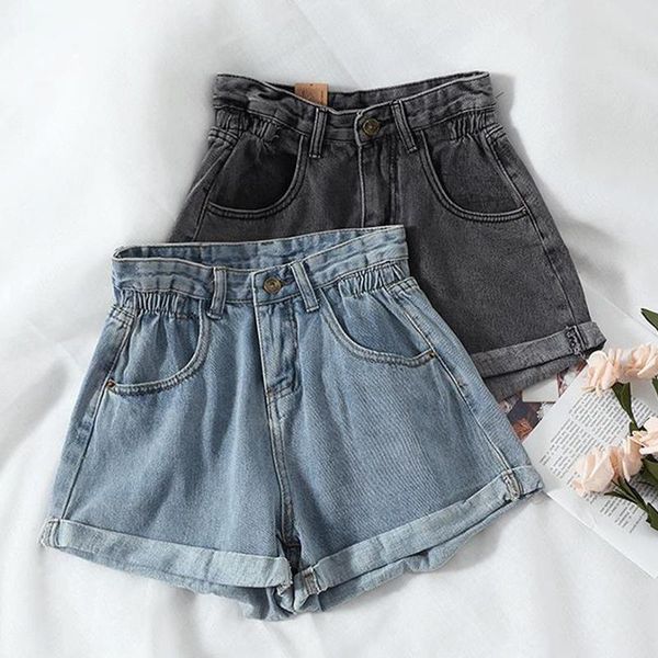 

women's jeans denim shorts high-waist casual loose ladies fashion large size elastic waist wide-leg short, Blue