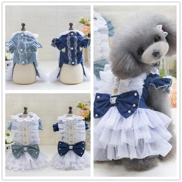 

dog apparel european and american elegant denim skirt bichon poodle bow lace princess dress pet cat puppy casual