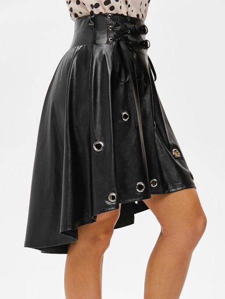 

wipalo gothic black skirt women punk lace up grommets high low faux leather lady casual loose streetwear skirts plus size