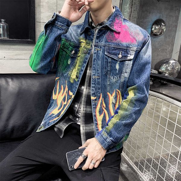 

autumn denim jacket men's loose wild graffiti alphabet print korean bomber jacket casual streetwear outerwear chaquetas hombre 210527, Black;brown