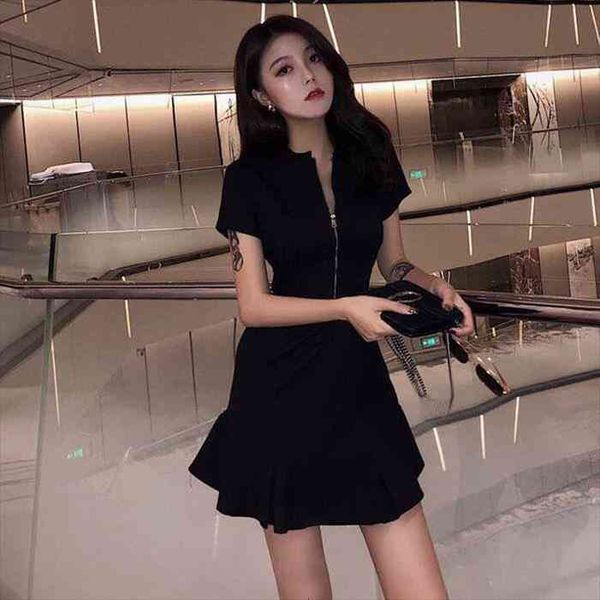 

womens ruffled black dress zip black dress woman vestido de mujer femme robe, Black;gray