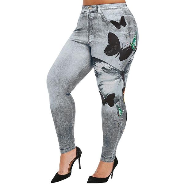 

women's leggings fashion slim women butterfly print pencil faux denim jeans casual clothing plus size pants, Black