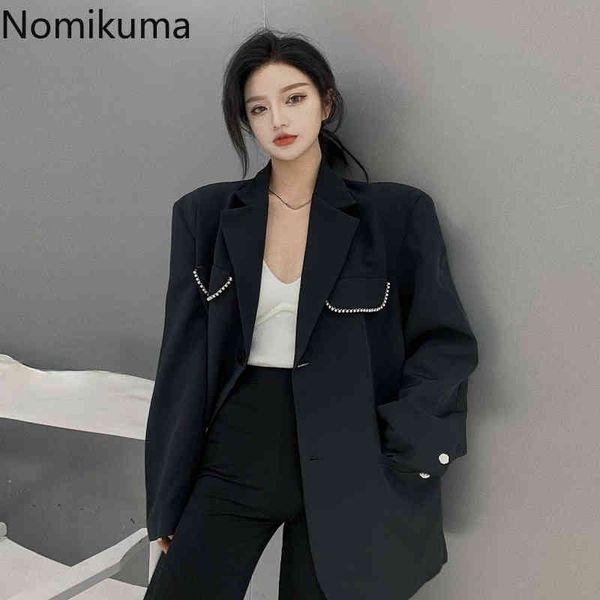 

nomikuma high street suit jacket women chic pearl decoration long sleeve loose temperament casual black blazer trend 210514, White;black