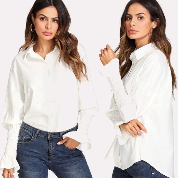 

ly fashion casual formal women shirts long flare sleeve slid white turn-down collar slim single breasted blouse women's blouses &