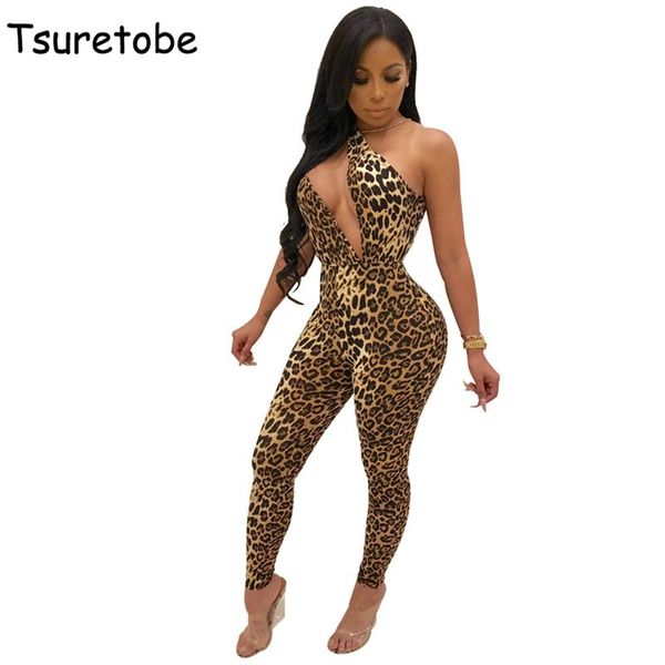 

women's jumpsuits & rompers tsuretobe off shoulder leopard jumpsuit female hollow out bodycon casual womens romper backless elegant, Black;white