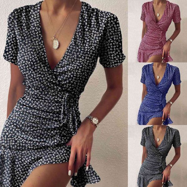 

summer fashion floral print womens dresses v neck lace up short sleeve bandage mini ladies high waist slim 35, Black;gray