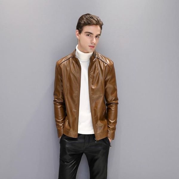 

men's fur & faux fashion leather 2021 autumn and winter men 's pu stand collar slim jacket, Black