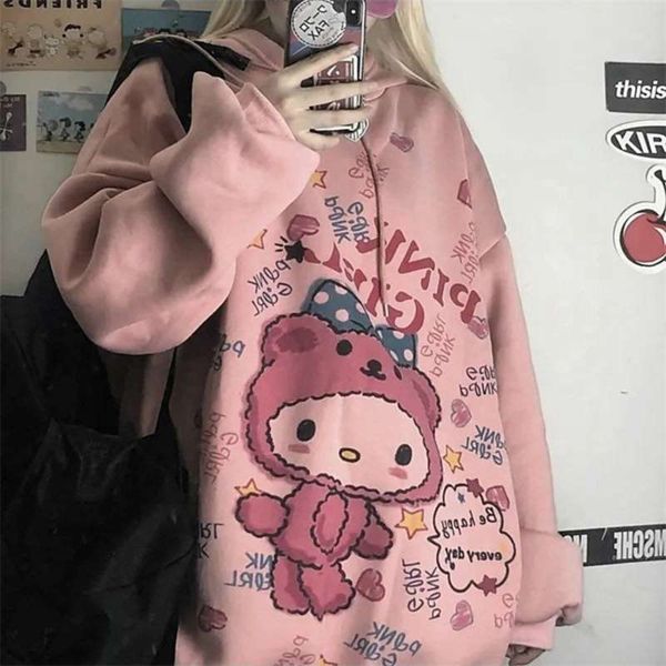 Houzhou Anime Hoodie Mulheres Outono Kawaii Moda Moletom Mulheres Coreano Longa Manga Imprimir Tops Vintage Oversized Hoodie bonito 210928