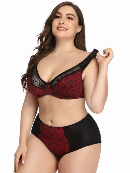 

plus floral lace underwire lingerie set d5m6#, Black;white