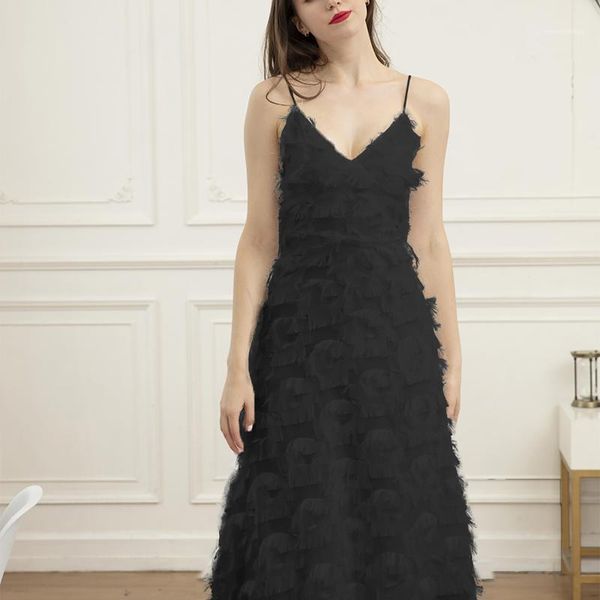 

casual dresses women's dress ladies fashion halter feather lace sling banquet retro loose atmosphere simple temperament 20211, Black;gray