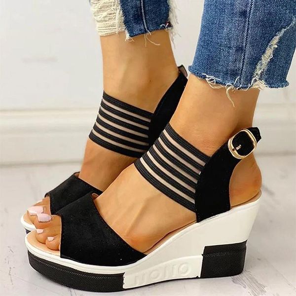

dress shoes women sandals gladiator wedge casual high heel floral print open toe platform fashion fish mouth female, Black