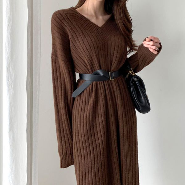 

20212021 new autumn sweater women dress winter long sleeve sweaters knitted dresses womens loose maxi oversize knitting robe vestido, Black;gray
