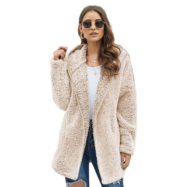 

autumn winter cardigan jacket women medium long hooded solid color coat female casual chic thick fur women's jackets, Black;brown