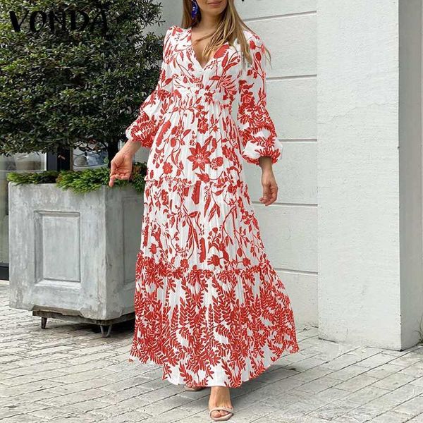 

casual dresses women maxi dress vonda 2021 deep v neck autumn long sleeve floral printed beach sundress loose bohemian vestidos, Black;gray