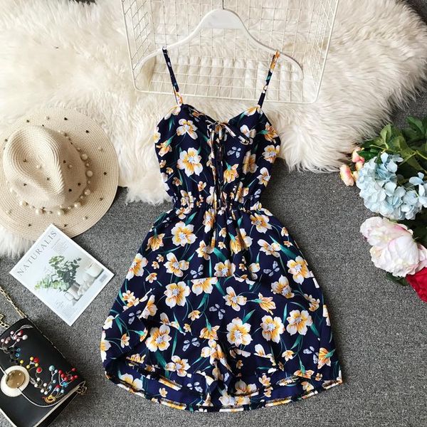 

women's jumpsuits & rompers summer seaside chiffon printing v collar short beach playsuits women sleeveless overalls e883, Black;white
