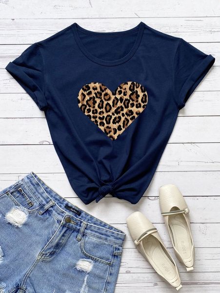 

plus leopard & heart print tee 55c3#, Black