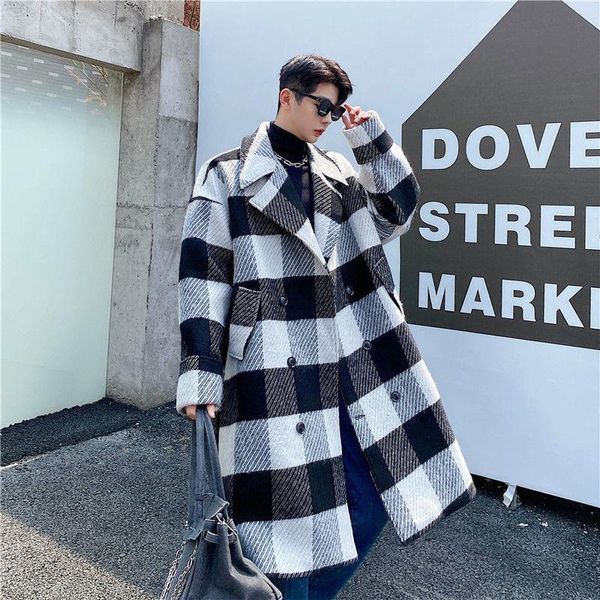 

men's wool & blends korean design woolen coat vintage plaid double breasted thick autumn winter long tweed 2021, Black