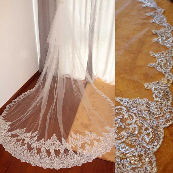 

bridal veils cover face wedding veil with blusher 3 meters 2 tiers comb partial lace cathedral bride, Black