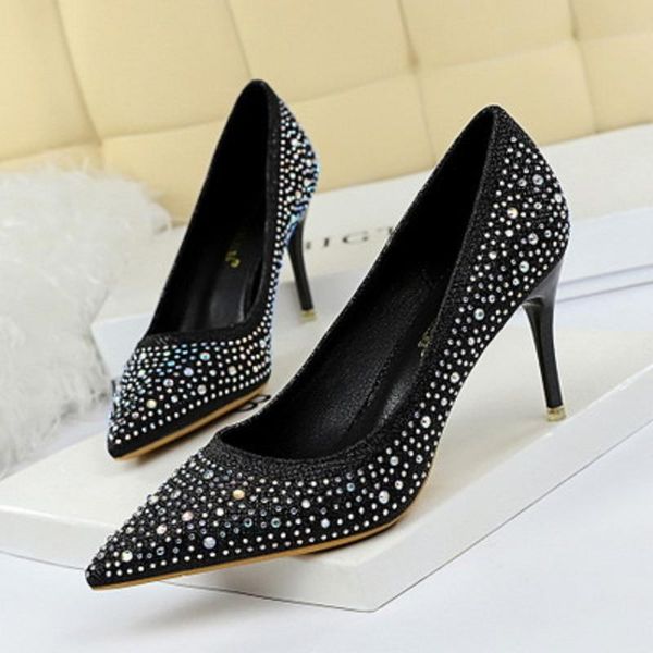 

dress shoes spring and autumn ladies wedding high heels rhinestone stiletto shallow mouth pointed women's korean version of the la, Black