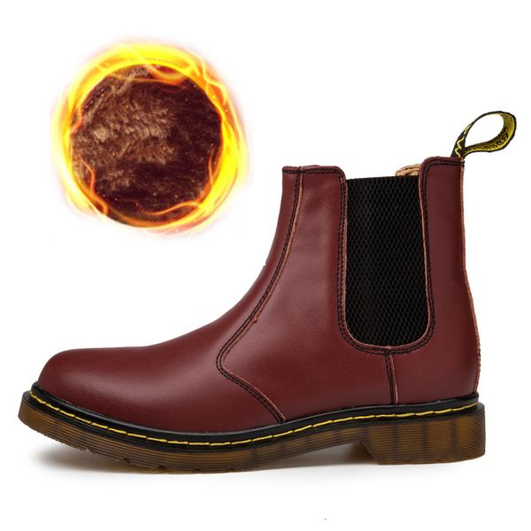 

boots chelsea for women fashion genuine leather casual couple shoes winter fur lining motorcycle ankel plus size 35-46 mw2e, Black