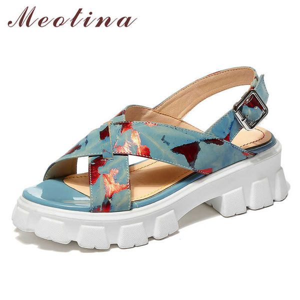 Meotina Plattform Keil Heels Schuhe Echtes Leder Sandalen Runde Kappe Weibliche Schuhe Mischfarben Sandalen Damen Sommer Rosa Blau 210608